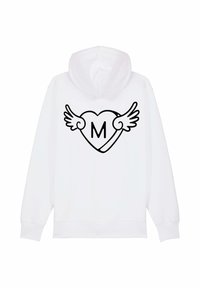 Felpa bianca con un design grafico nero raffigurante un cuore con ali e una "M" al centro, con una vestibilità comoda e polsini a costine.