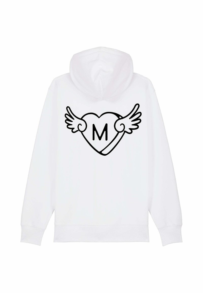 Felpa bianca con un design grafico nero raffigurante un cuore con ali e una "M" al centro, con una vestibilità comoda e polsini a costine.