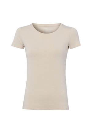 Beżowa dopasowana koszulka z krótkim rękawem i okrągłym dekoltem, prezentowana na białym tle.