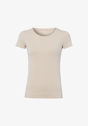 T-shirt beige a maniche corte aderente con scollo rotondo, esposta su sfondo bianco.