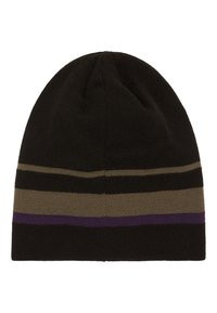 Gorro de punto negro con rayas horizontales en verde oliva y púrpura. Textura suave, parte superior redondeada y diseño ajustado para abrigar.