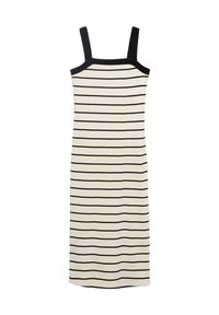 Abito senza maniche a righe con uno sfondo crema e righe nere orizzontali, scollatura quadrata e spalline spesse.