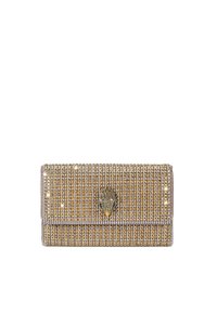 Borsa a manico in metallo rivestita di perline dorate e argentate con un accentuato motivo a mano al centro. Design a pieghe e chiusura con gancio.