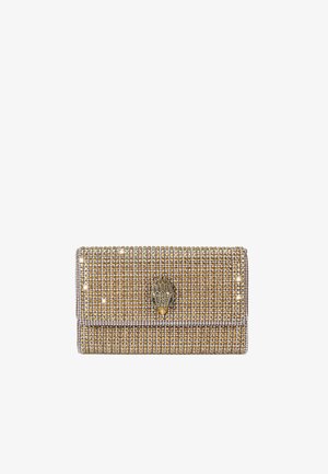 Borsa a manico in metallo rivestita di perline dorate e argentate con un accentuato motivo a mano al centro. Design a pieghe e chiusura con gancio.