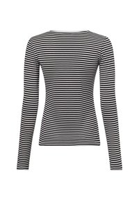 Sorte og hvite langermede topper med horisontale striper, rund hals og en tettsittende design. Laget av et mykt, elastisk stoff.