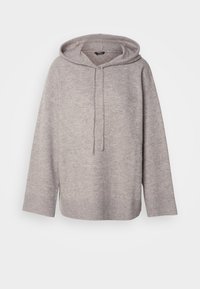 Sudadera de corte holgado en gris claro con cordón, dobladillo acanalado y patrón de punto texturizado. Presenta mangas anchas y un gran bolsillo frontal.
