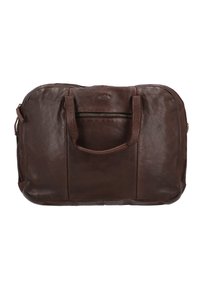 Borsa da viaggio in pelle marrone con doppio manico superiore, chiusura con zip, tasca frontale e finitura testurizzata. Forma rettangolare con angoli arrotondati.