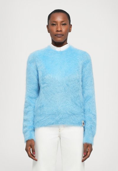 Pull en laine moelleux bleu clair avec un col rond, des manches longues et des poignets côtelés. Présente une petite étiquette logo sur l'ourlet inférieur.