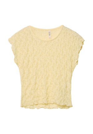 Short-sleeve top in soft yellow fabric with textured floral pattern, round neckline, and slightly scalloped hem.