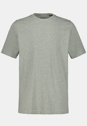 Hellgraues T-Shirt mit kurzen Ärmeln und Rundhalsausschnitt. Hergestellt aus einem weichen Baumwollmischgewebe, das eine glatte Textur und eine lockere Passform bietet.