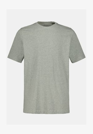T-shirt gris clair à manches courtes avec un col rond. Fabriqué en tissu doux en mélange de coton, offrant une texture lisse et une coupe décontractée.