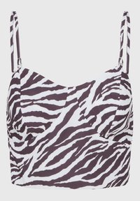 Bralet s zebrovým vzorom, ktorý má štruktúrovaný dizajn a nastaviteľné ramienka. Vyrobený z ľahkého materiálu v bielej a tmavo hnedej farbe.