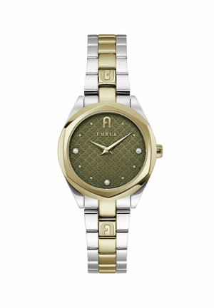 Furla watch with a green textured face, gold and silver metal band, octagonal case, and three decorative stones on the dial.