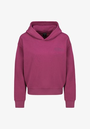 Lila Kapuzenpullover mit lockerer Passform, Kordelzug-Kapuze, gerippten Bündchen und Saum. Verfügt über ein dezentes Logo auf der Brust. Aus weichem, strukturiertem Stoff gefertigt.
