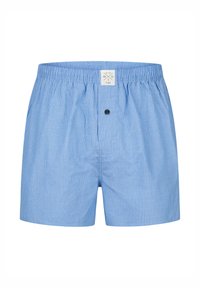 Lichtblauwe gestreepte boxers met een elastische tailleband, sluiting met knopen aan de voorkant en een klein logolabel op de taille. Ademend stoftextuur.