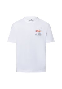 Weißes Baumwoll-T-Shirt mit Rundhalsausschnitt. Auf der Vorderseite befindet sich eine Illustration von Spaghetti und einem Weinglas mit dem Text "WENIGER BEDAUERN - MEHR SPAGHETTI."