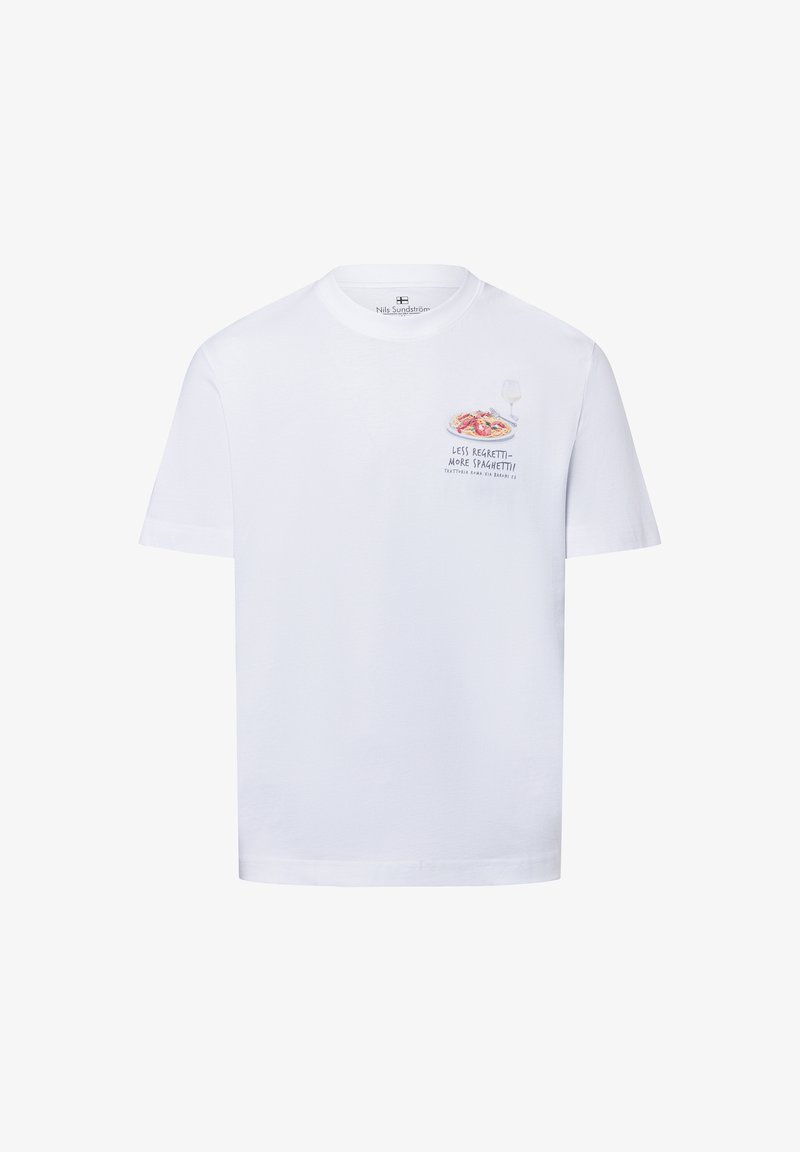 White cotton t-shirt with round neckline. Front features illustration of spaghetti and a wine glass with the text "LESS REGRETTI- MORE SPAGHETTI."