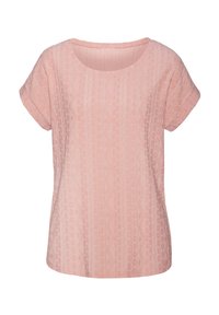 Rosa kurzärmliges Oberteil mit Rundhalsausschnitt, das ein strukturiertes Muster aus wellenförmigen Linien und Punkten auf dem Stoff zeigt. Leicht und lässig im Design.