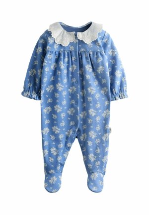 Blaues Baby-Body mit weißem Blumenmuster, langen Ärmeln, Druckknöpfen vorne und weißem Spitzenkragen mit Wellenmuster.
