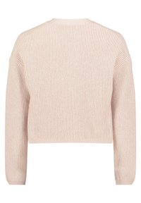 Helles rosa, kurz geschnittenes Sweatshirt mit geripptem Textur, langen Ärmeln und rundem Ausschnitt. Weicher Stoff, geeignet zum Übereinandertragen in kühlerem Wetter.