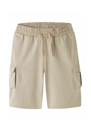 Pantaloncini cargo beige fino al ginocchio con elastico in vita, coulisse regolabile e tasche con patta su entrambi i lati.