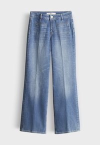 Lichtblauwe jeans met wijde pijpen, voorzakken met applicaties, lussen voor een riem en een knoopsluiting in de taille.