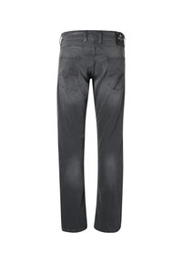 Jean en denim gris pour homme vu de dos, avec deux poches arrière et une étiquette de marque noire à la taille.