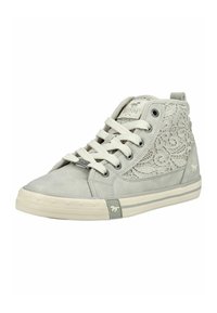 Baskets montantes gris clair avec détails en dentelle sur les côtés, lacets blancs et petit logo de cheval sur la semelle et le talon.