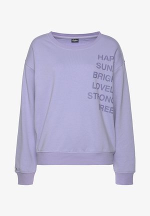 Lila Rundhalsausschnitt Sweatshirt aus weichem Stoff. Merkmale sind die vertikal angeordneten Texte "HAPPY", "SUN", "BRIGHT", "LOVELY", "STRONG" und "FREE".