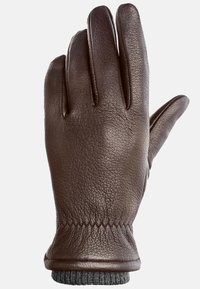 Brun læderhandske med struktureret overflade, tre fingre og elastisk grå strikmanchet for en tætsiddende pasform. Detaljeret syning langs håndleddet.