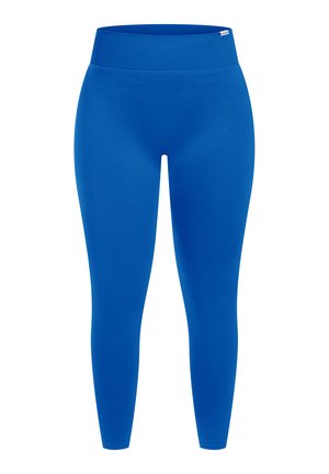 Modré legíny s vysokým pasem vyrobené z elastického materiálu. Hladká textura s přiléhavým střihem, který se zužuje u kotníků. Žádné viditelné vzory nebo akcenty.