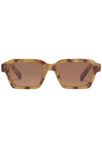 Ochelari de soare cu model țestoasă, având un design geometric îndrăzneț. Forma este galbenă cu accente bordeaux, cu lentile de culoare maro.