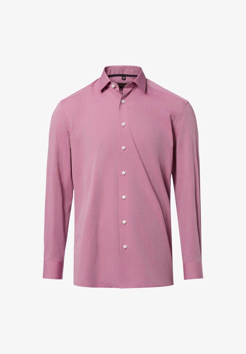Men's long-sleeve button-up shirt in solid dusty pink with a classic collar and white buttons down the front.