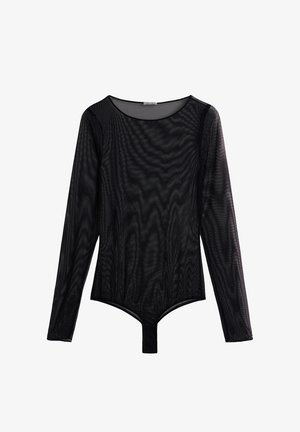 Sort mesh bodysuit med lange ærmer, rund halsudskæring og en thong-bund. Har et let, struktureret stof med en gennemsigtig effekt.