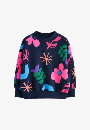 Mørkeblå sweatshirt med ribkantet krave og ærmegab, med store farverige abstrakte blomster- og bladmønstre i pink, grøn, blå, lilla og orange.