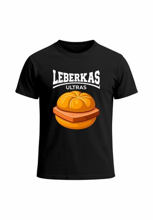 Black t-shirt featuring a graphic design of an orange bun with a brown layer, labeled "LEBERKAS ULTRAS" above in bold white text.