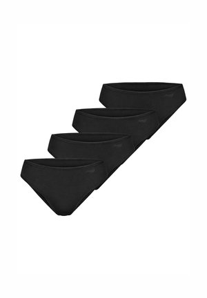 Cztery czarne figi w stylu bikini, ułożone w rzędzie, pokazujące widok z przodu i z boku na białym tle.