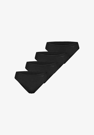 Quatre pièces de sous-vêtements bikini pour femmes noires, disposées en rangée, montrant les vues de face et de côté sur fond blanc.