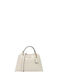Borsa a mano sintetica beige con una forma strutturata, hardware argentato, doppi manici e una tracolla regolabile. Presenta un'etichetta con il marchio.
