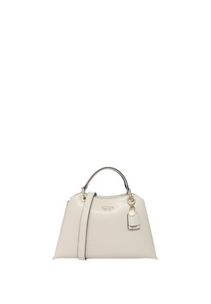 Borsa a mano sintetica beige con una forma strutturata, hardware argentato, doppi manici e una tracolla regolabile. Presenta un'etichetta con il marchio.