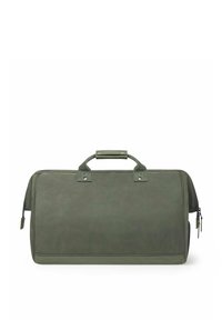 Grüne Leder-Duffel-Tasche mit glatter Textur, oberen Griffen und Reißverschlussfächern. Rechteckige Form mit dezenten Stichdetails.