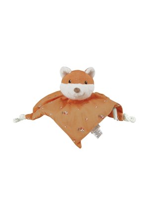 Soft plush fox head attached to a rust-colored fabric square with printed forest motifs. Features textured ears and tied corners.