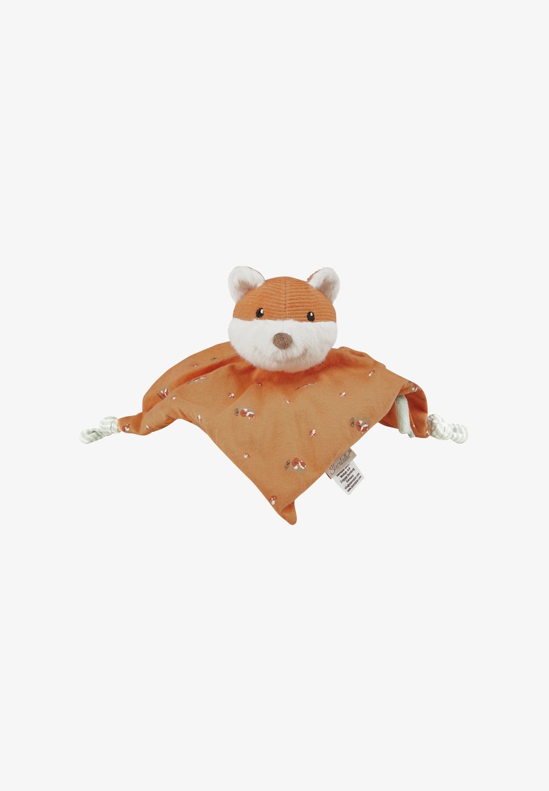 Soft plush fox head attached to a rust-colored fabric square with printed forest motifs. Features textured ears and tied corners.