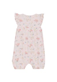Ljusrosa rompers med korta volangärmar. Blommönster i pastellfärger, ruggad textur och tryckknappsstängning i botten.