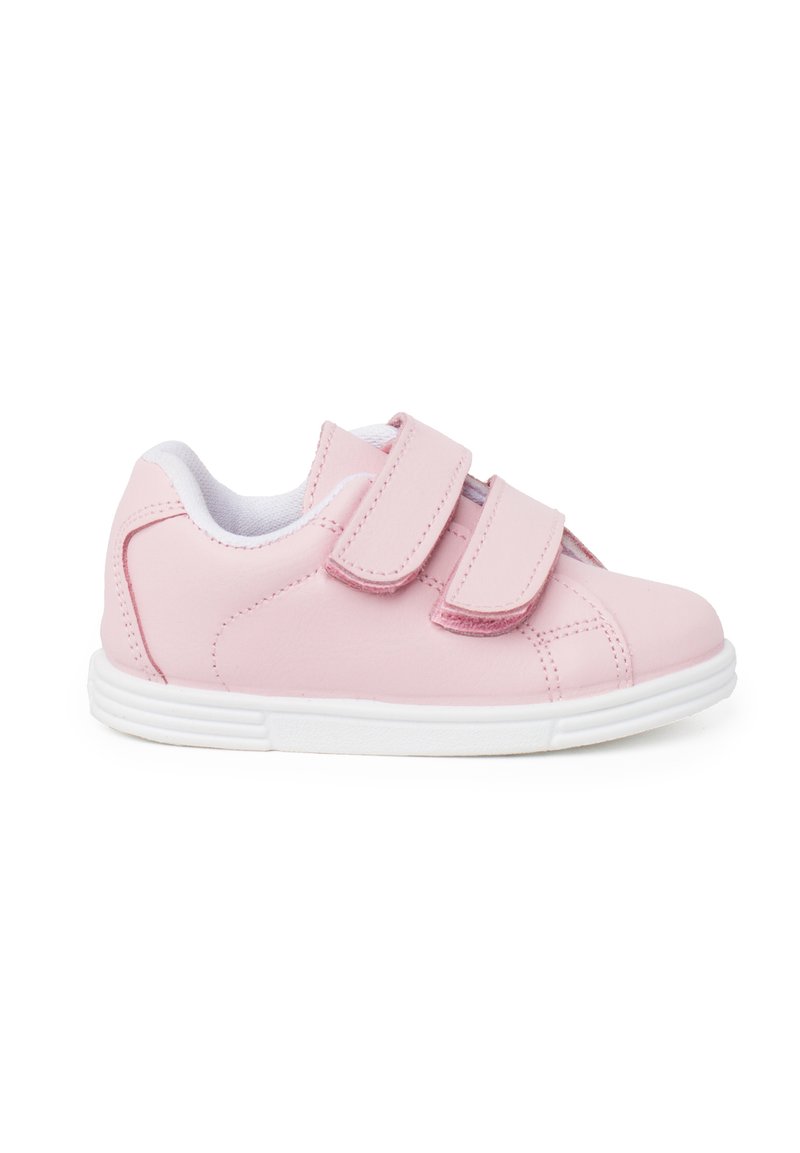 Light pink sneakers made of synthetic material with white soles, featuring two velcro straps and stitched detailing on the upper.