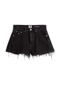 Sorte denimshorts med høy livvidde, frynset kant og slitte detaljer. Har fem lommer og knappestengning foran.