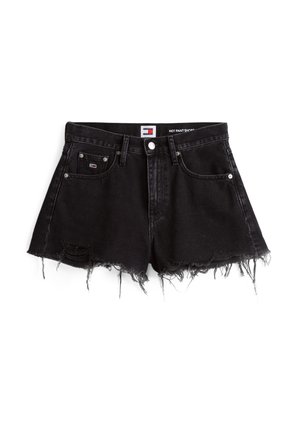 Shorts in denim nero con vita alta, orlo sfrangiato e dettagli distressed. Presentano cinque tasche e una chiusura con bottone nella parte frontale.