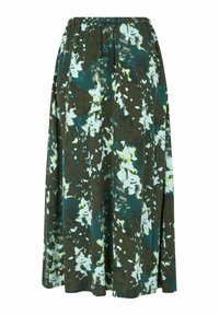 Dlouhá, splývavá sukně z měkké látky s elastickým pasem. Design zdobí abstraktní maskovací vzor v tmavě zelené, tyrkysové a bílé barvě.