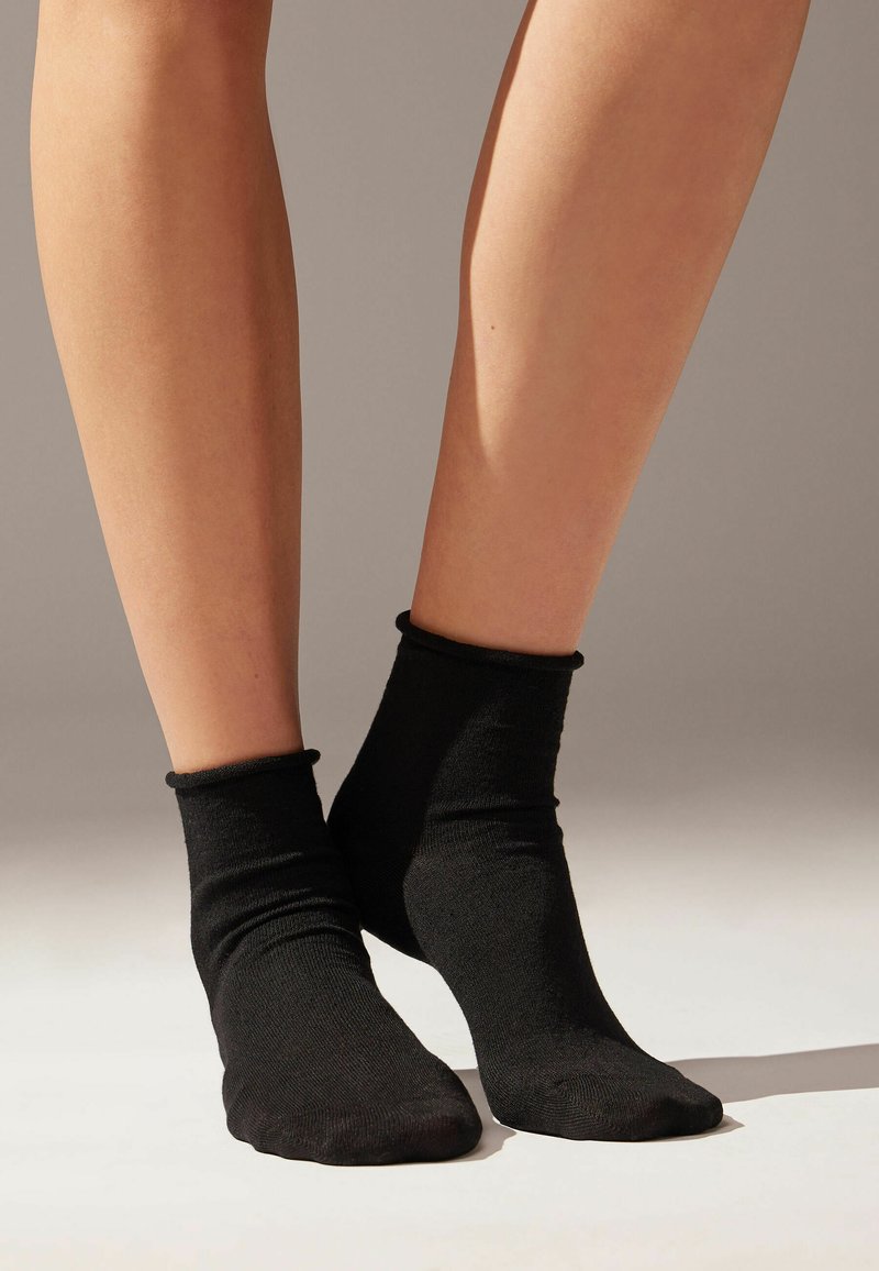 Svarta ankelsockor i mjukt material med ribbad resår, som sitter snävt runt anklarna och har en slät yta, vilande på bara ben.