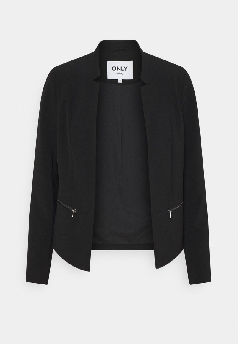 Svart kavaj med en modern siluett, som har en kraglös design, två framfickor med dragkedja och ett slätt, texturerat tyg.